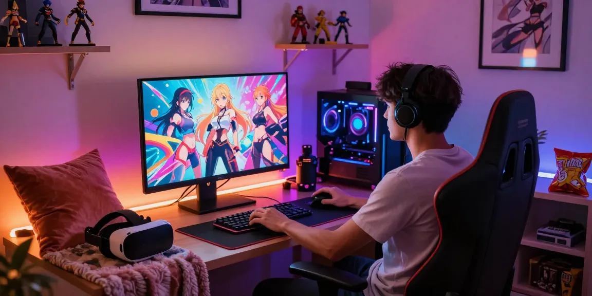 Gamer enjoying hentai games in a cozy, vibrant room with anime graphics.