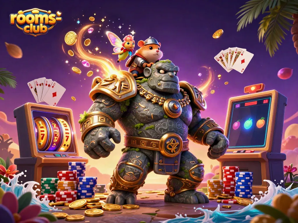 Gambarkan momen kemenangan di rooms-club dengan golem batu kuno dan si hamster ksatria di latar belakang slot yang berputar.