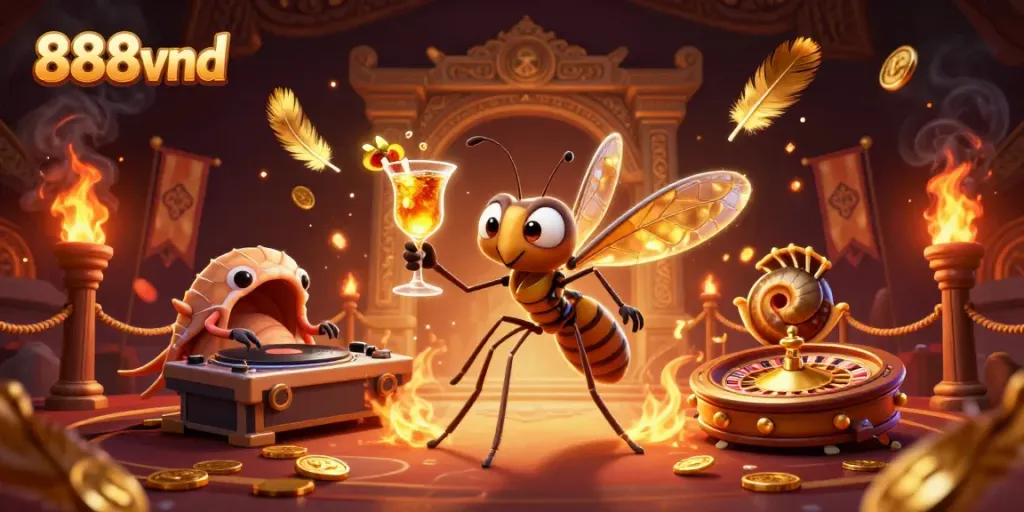 Experience thrilling gameplay with 888vnd casino characters featuring a frozen-in-amber mosquito and trilobite DJ.