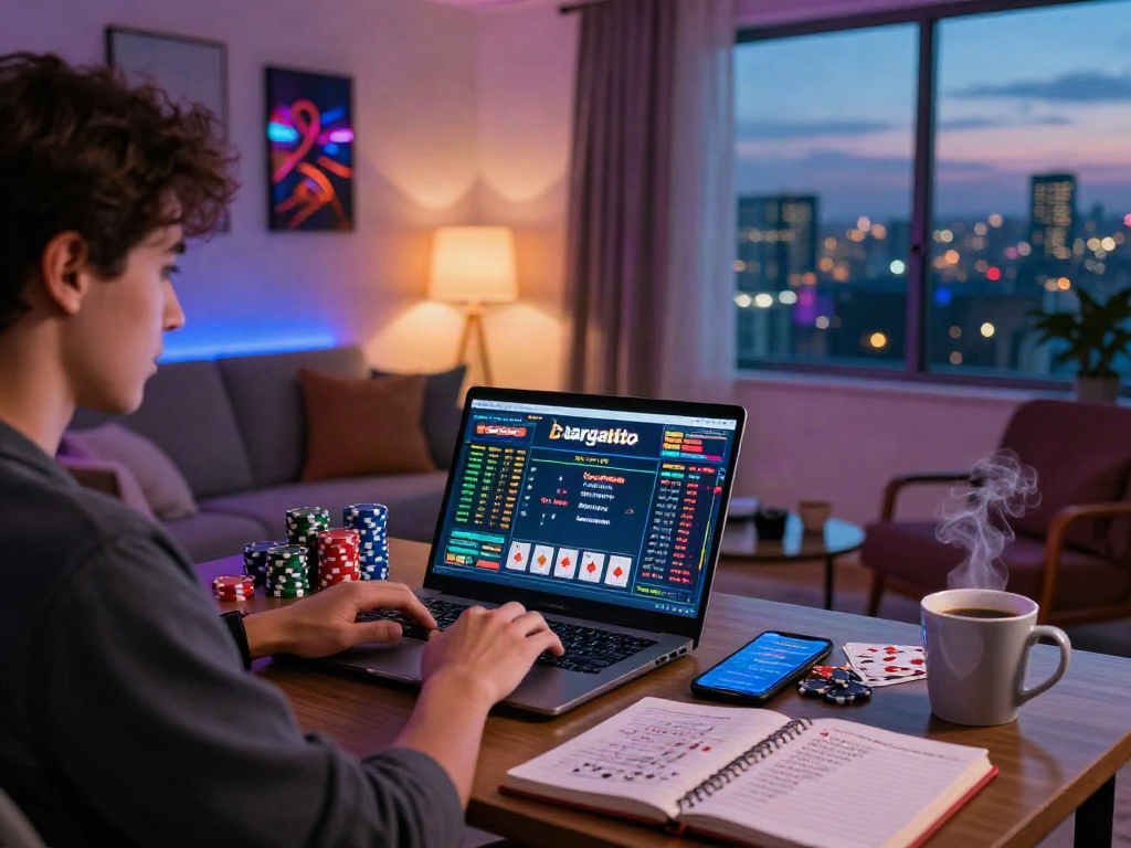 Engaged individual analyzing hargatoto betting on a laptop amid vibrant home casino setting.