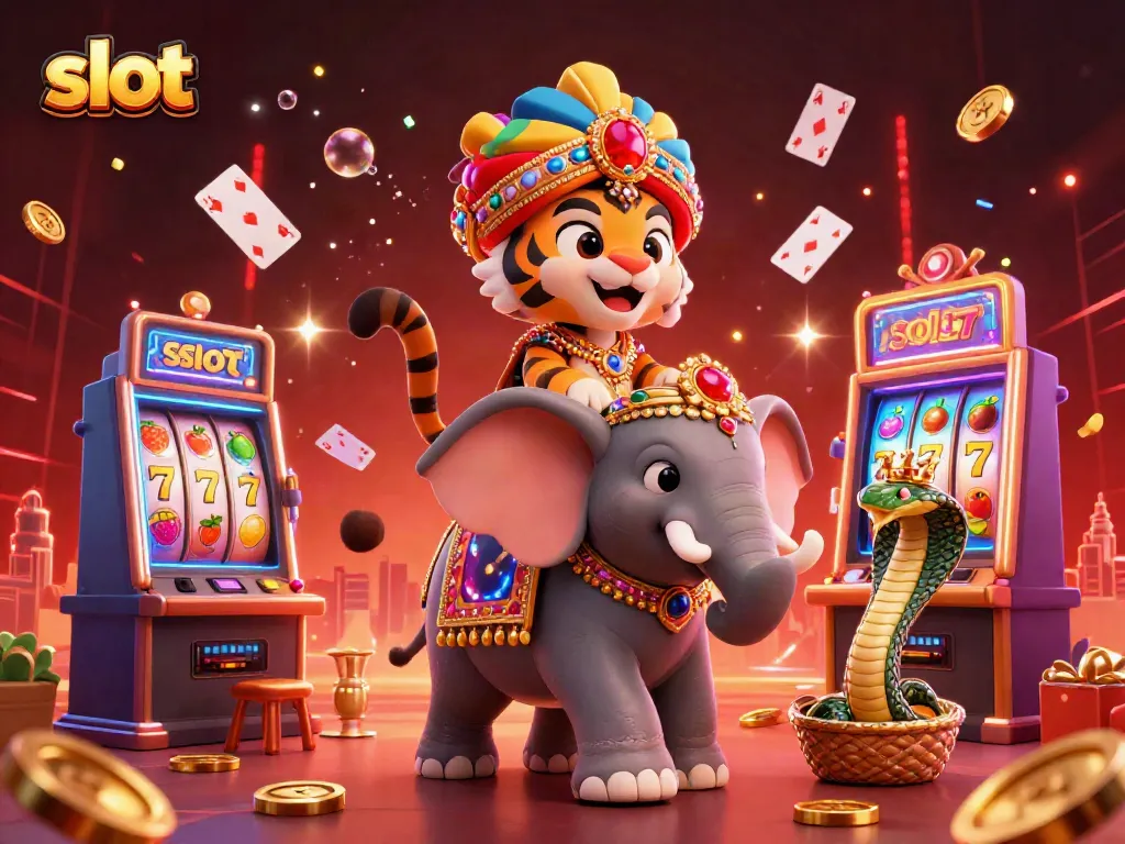 Memutar slot dengan karakter kasino yang penuh warna di elemen permainan slot.