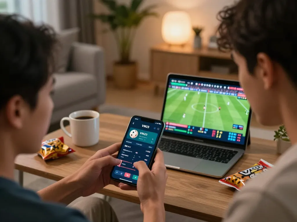 Engaging in live betting on VN23 app while enjoying a sports match in a cozy home setting.