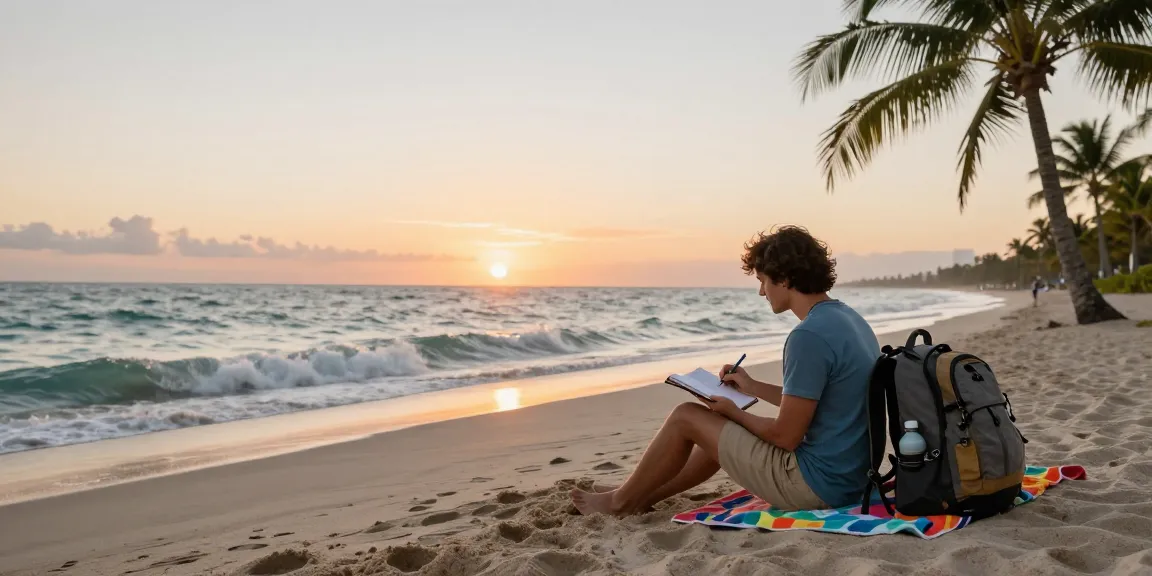 Pelancong di pantai Miami dengan jurnal terbuka dan pemandangan matahari terbit, https://miami4d.com/ menginspirasi.