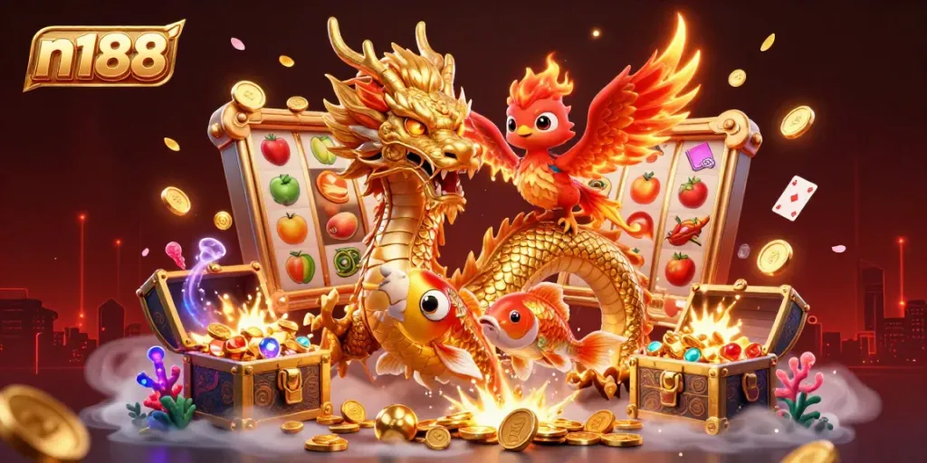 Engage with n188’s thrilling gaming universe featuring a powerful dragon and lucky koi fish amidst a dazzling casino environment.