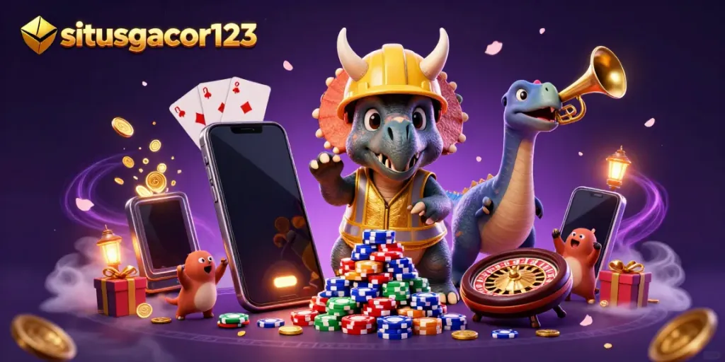 Experience the vibrant world of situsgacor123 with a triceratops building poker chips and fun gaming elements.