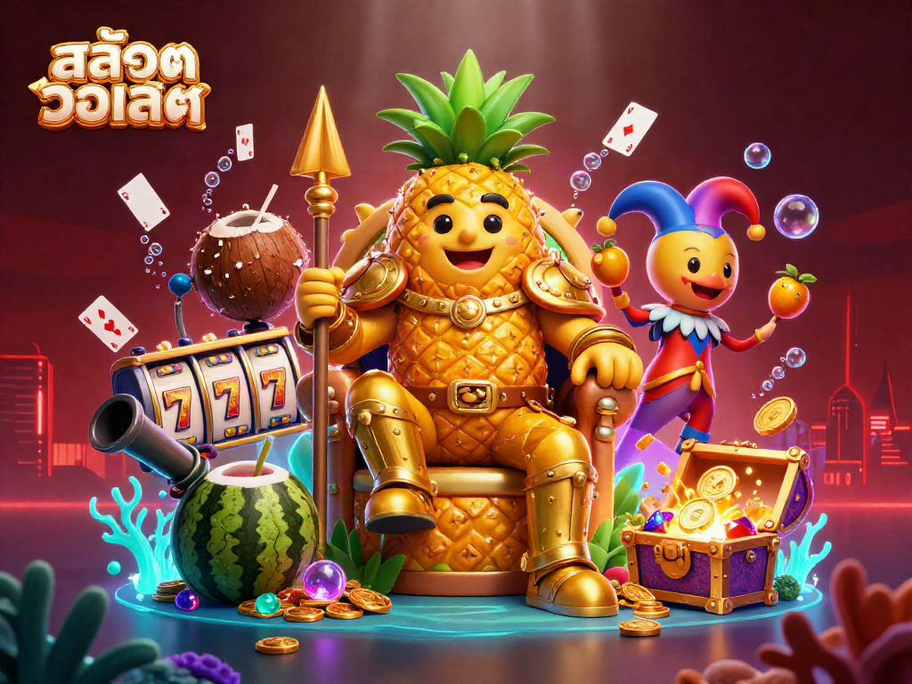 Engage in thrilling สล็อตวอเลท action with vibrant characters and casino elements in a stunning beach scene.