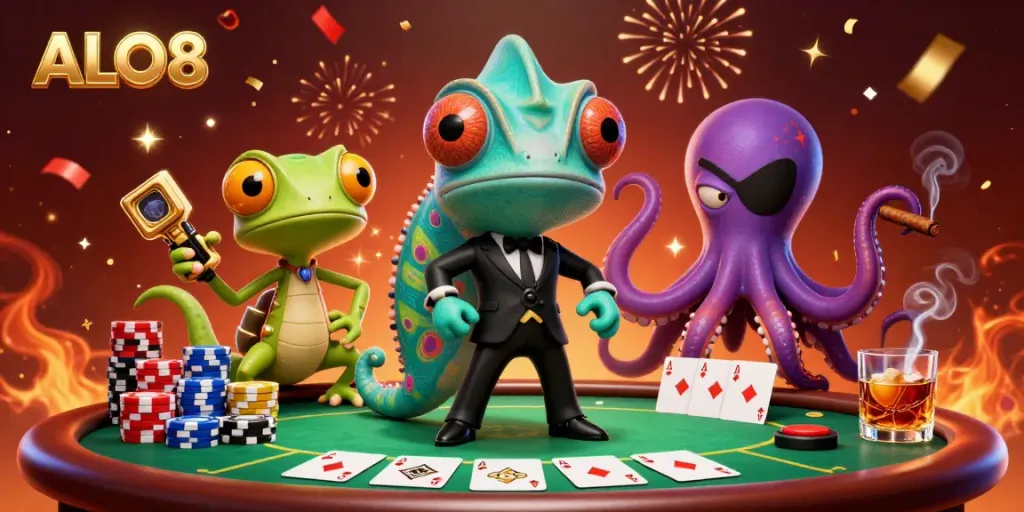 Engaging ALO8 cartoon illustration showcasing a chameleon, gecko Q, and octopus at a lively poker table with colorful chips.