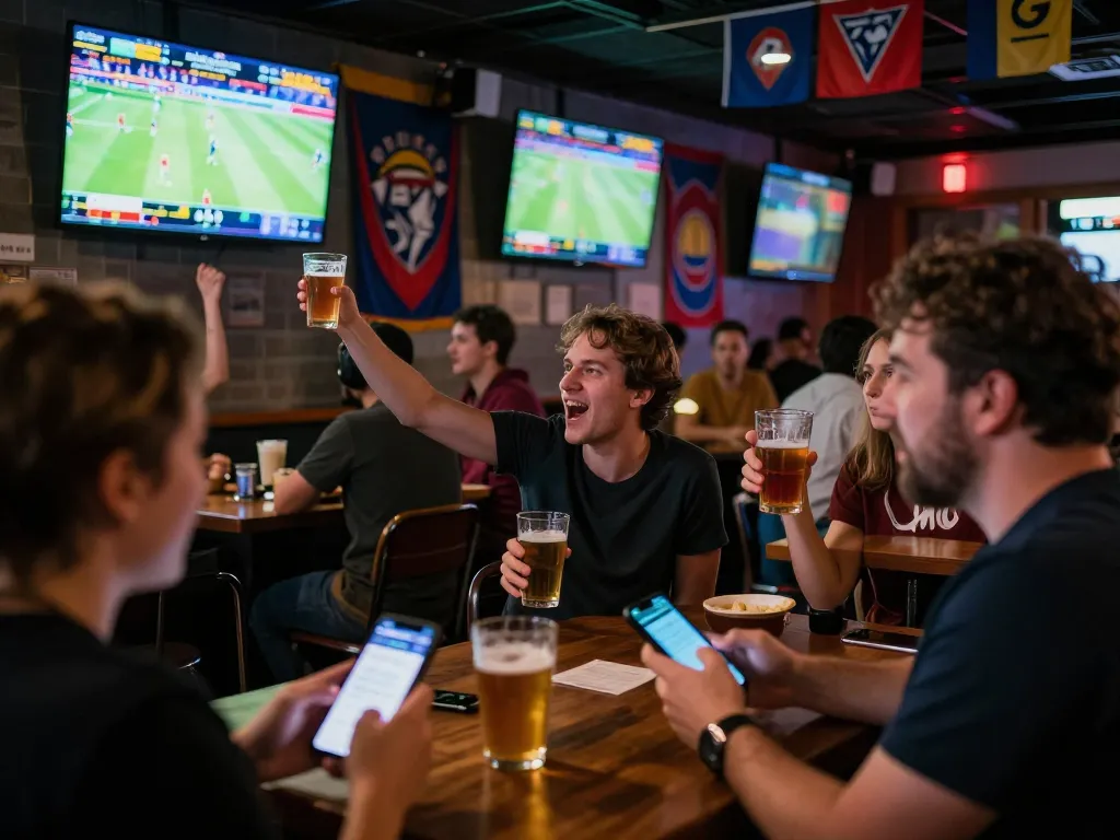 Engaged sports fans celebrating while placing bets on god55 sports at a lively bar atmosphere