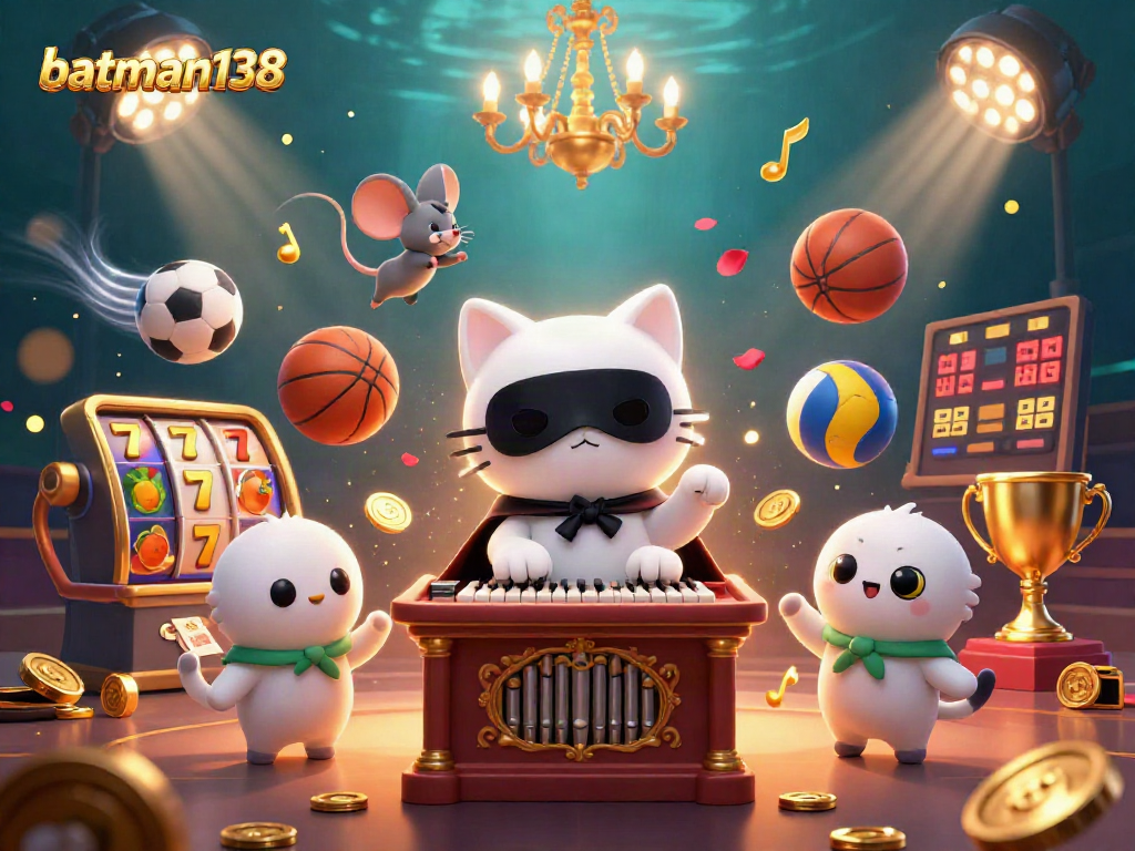 Engage with batman138 as a dynamic casino scene featuring a whimsical cat and vibrant slot reels.