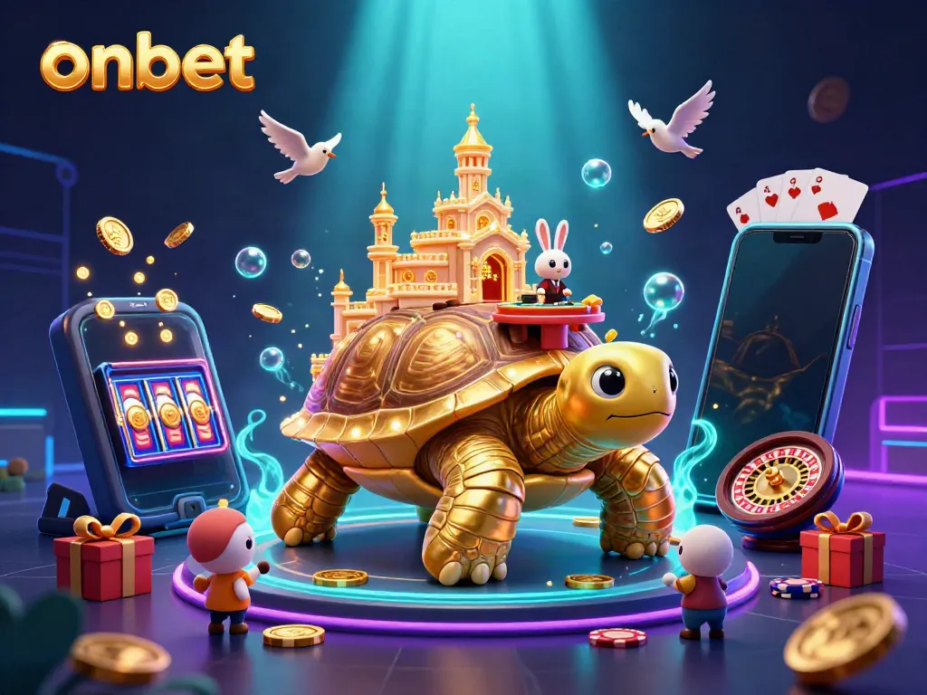 Experience thrilling gaming with onbet's vibrant 3D casino scene featuring a golden tortoise and exciting game elements.