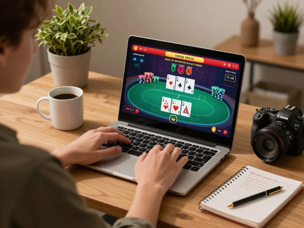 Engaging online gameplay at nk88 with user immersed in poker strategy and cozy decor.