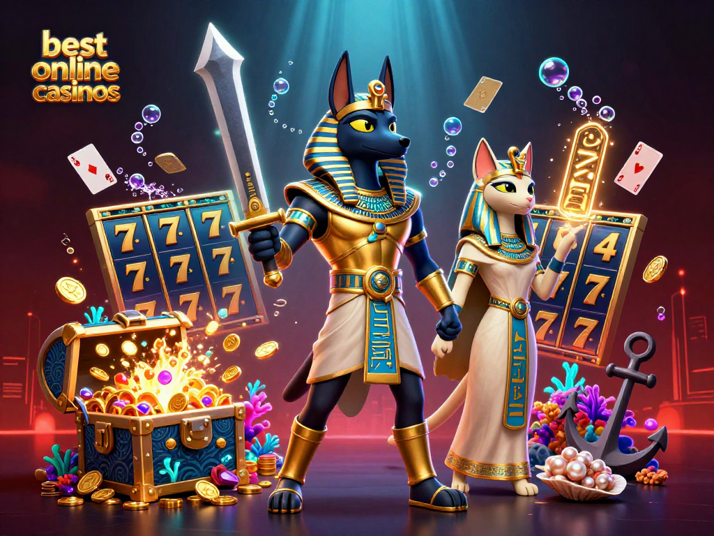 Engage with the best online casinos and explore thrilling 3D slots in a vibrant scene.
