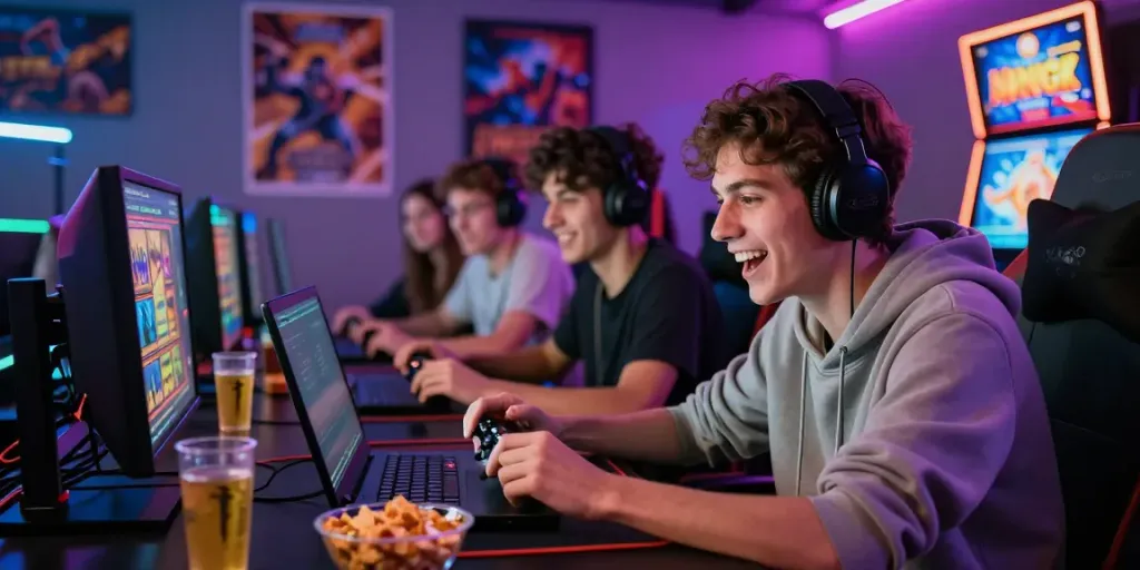 Friends engaging with akunjp online gaming experience, lively atmosphere with snacks and colorful lights.