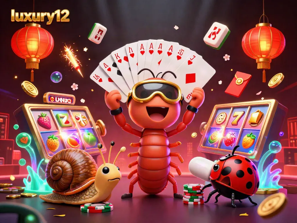 Experience excitement with luxury12 as vibrant slot reels spin beside a lively cartoon dealer and high-roller.