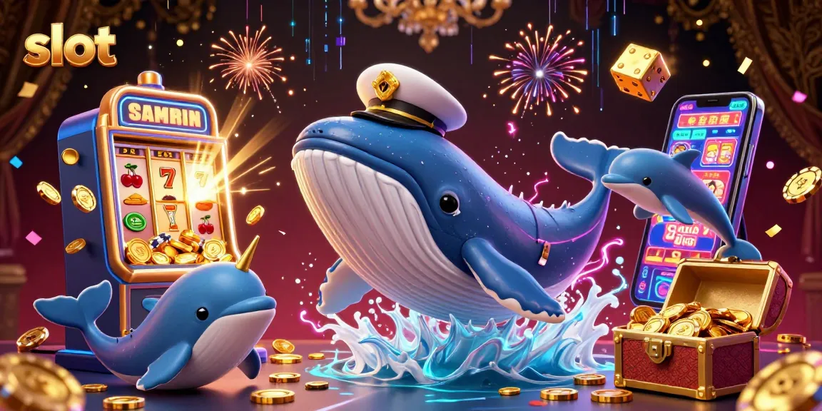 Experience the excitement of slot gaming with a whale breaching through coins and playful dolphins in a vibrant sea of casino elements.