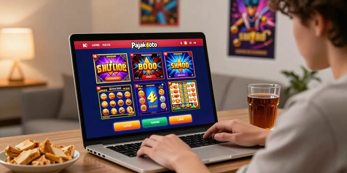 Interactive pajaktoto online gambling experience with excited player engaging on laptop amidst colorful game graphics and a cozy atmosphere.