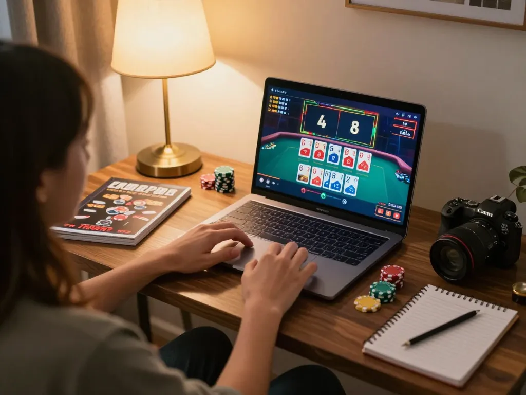 Engaging with viral88 live dealer game on a laptop at home, featuring vibrant cards and chips
