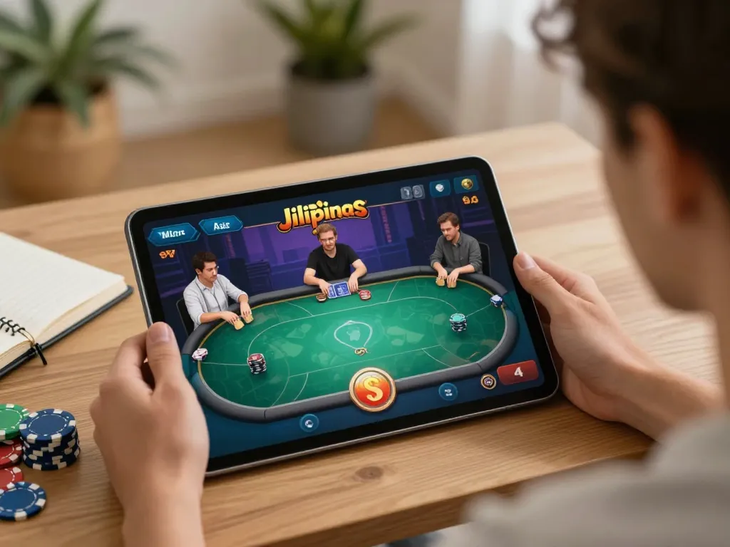 Jilipinas players enjoying online poker game with immersive interface and cozy home atmosphere.