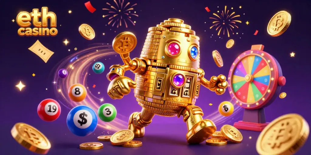 Experience the thrill of eth casino gaming with a vibrant, colorful 3D illustration filled with dynamic game elements.