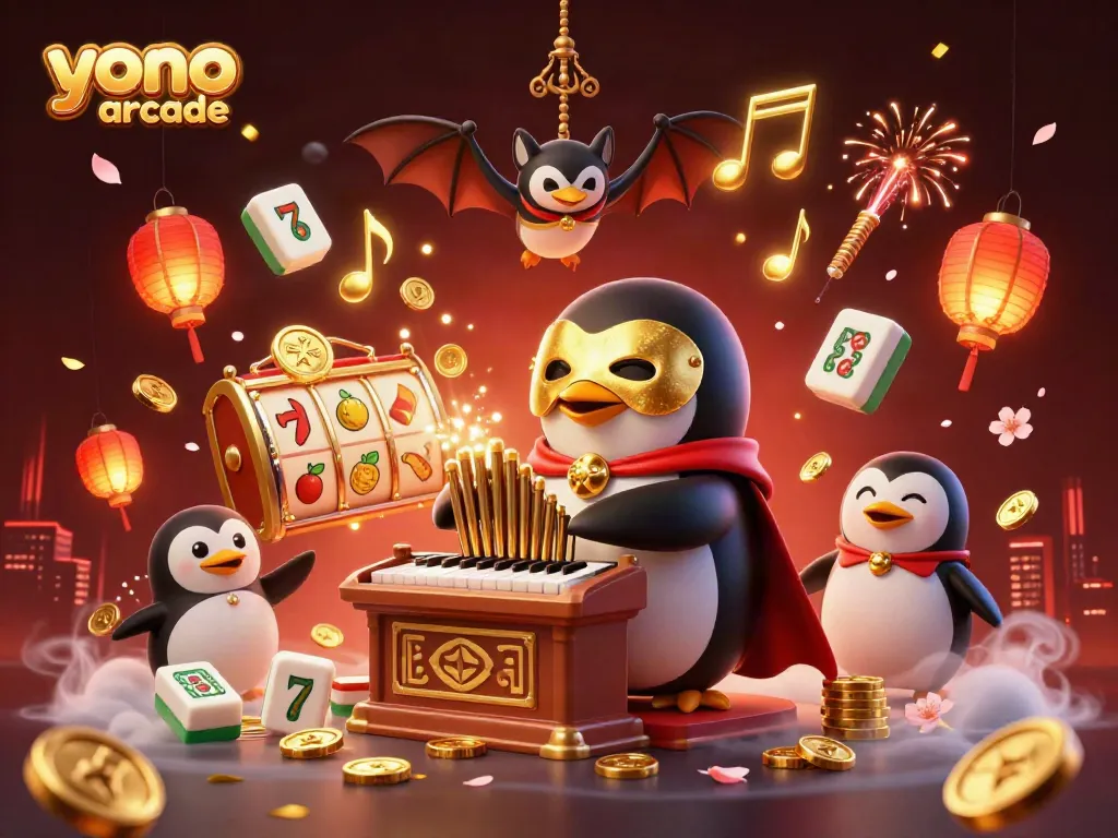 Experience winning thrills at yono arcade with a 3D cartoon penguin amidst vibrant casino elements.