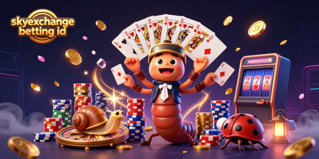 Engaging scene of a skyexchange betting id featuring a cartoon dealer, high-roller snail, and excited pill bug with casino elements.