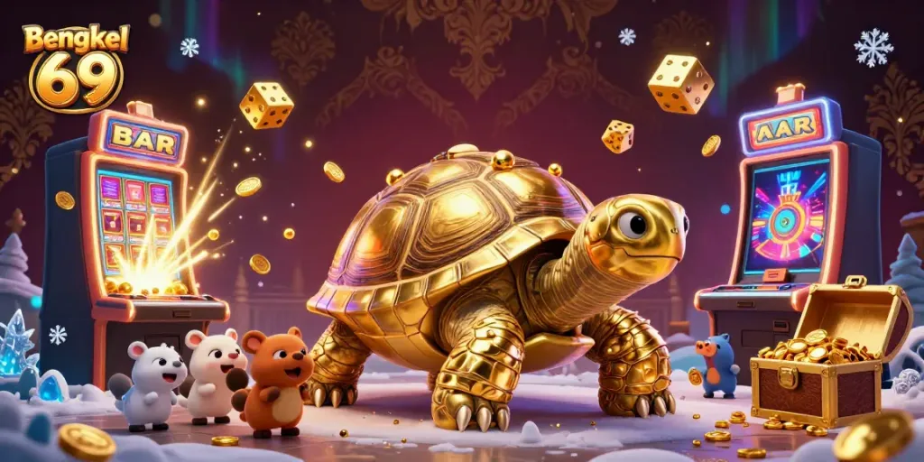 Bengkel 69 brings excitement with a golden tortoise pinball machine and slot jackpot scene.