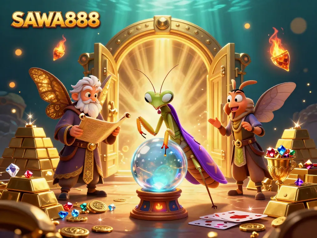 SAWA888 engages gamblers with a vibrant 3D illustration of fortune teller and mystical elements.