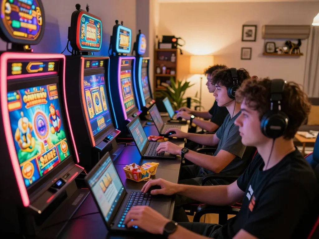Exciting slot gacor gaming moment with players enjoying colorful slot machines and devices in a cozy living room.