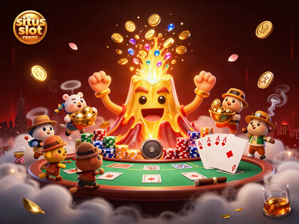 Situs slot resmi menampilkan eksplorasi hewan kecil di harta karun dengan latar belakang kasino yang cerah.