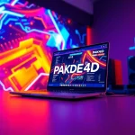 Jelajahi PAKDE4D game dengan pencahayaan neon dan elemen digital yang dinamis.