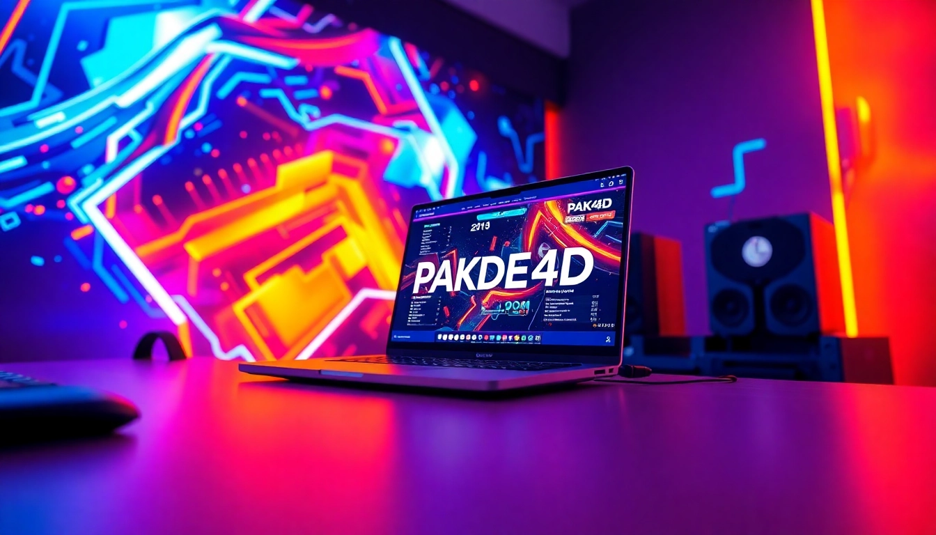 Jelajahi PAKDE4D game dengan pencahayaan neon dan elemen digital yang dinamis.
