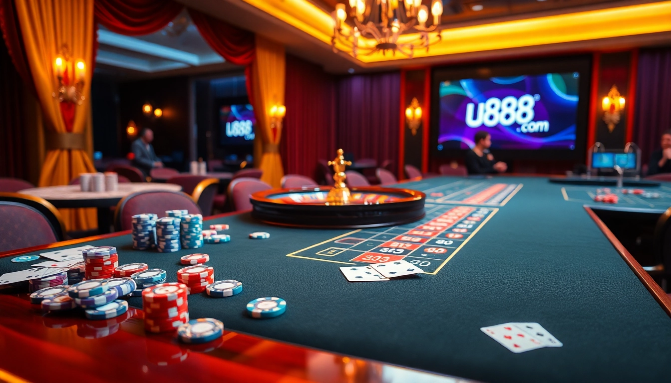 A thrilling game scene at u888 com's online casino table with vibrant colors and luxury decor.