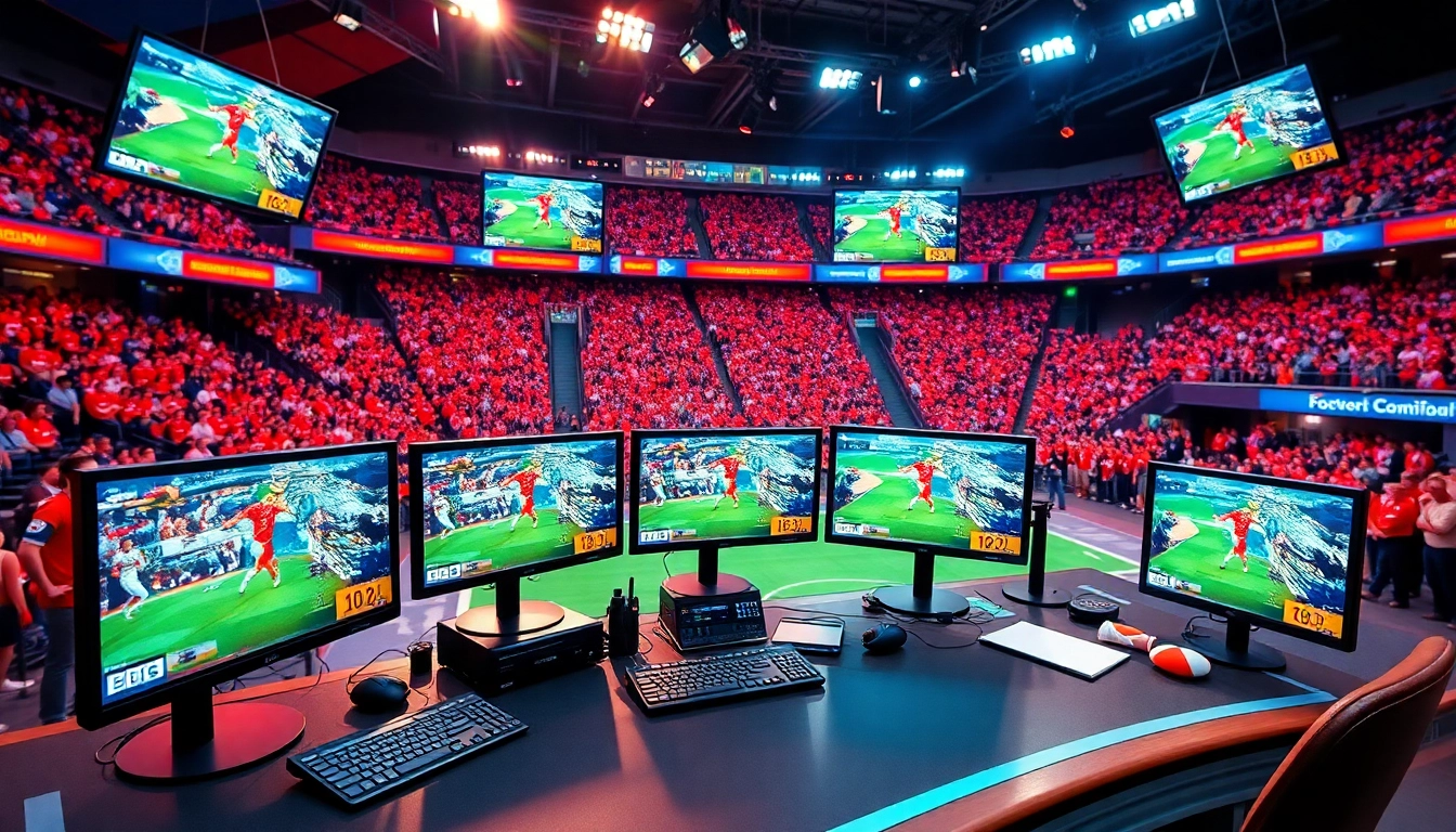Engaging sports broadcasting scene showcasing dynamic broadcasting equipment and live coverage.
