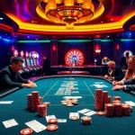 Experience high-stakes play at mmoo com's luxurious poker table amidst casino excitement.