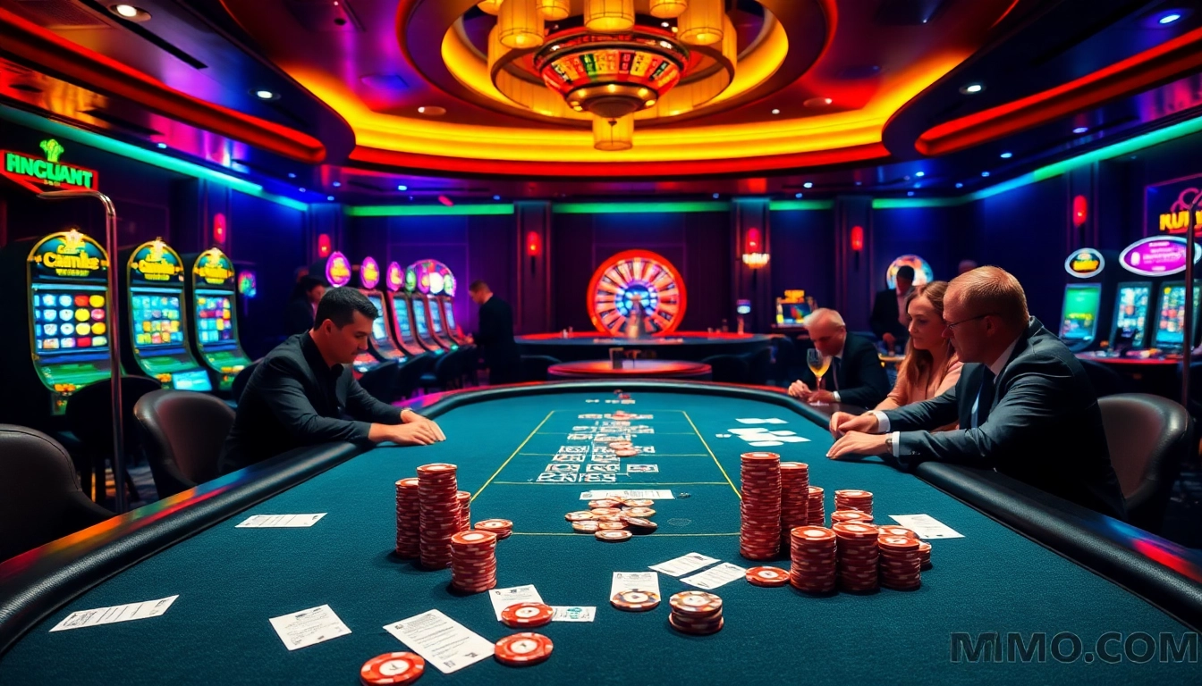 Experience high-stakes play at mmoo com's luxurious poker table amidst casino excitement.