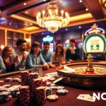 Excited gamblers playing poker and slot machines illustrating NOHU90's thrilling casino experience.