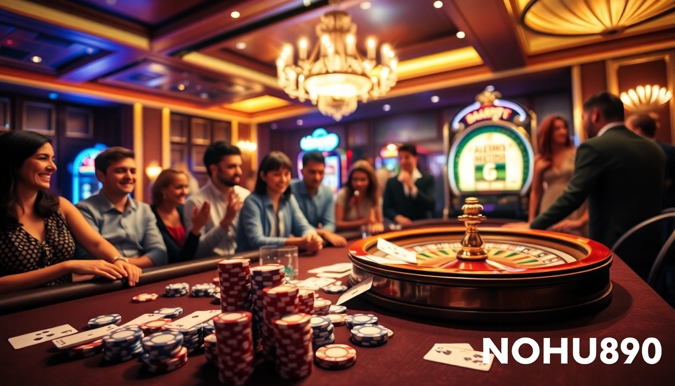Excited gamblers playing poker and slot machines illustrating NOHU90's thrilling casino experience.