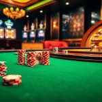Togel China gaming table with colorful chips and cards in a luxury casino setting.
