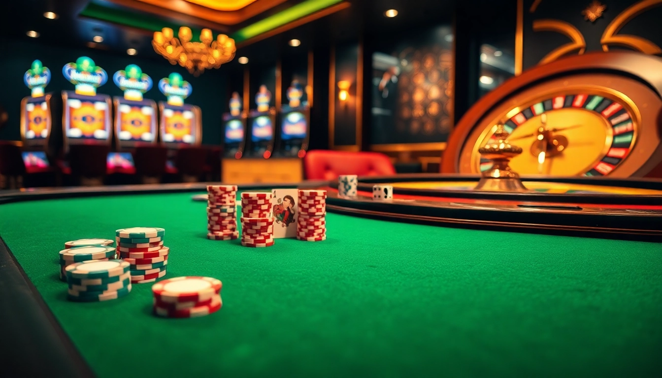 Togel China gaming table with colorful chips and cards in a luxury casino setting.