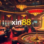 Experience the excitement of xin88 with vibrant casino tables, eager players, and luxury gaming atmosphere.