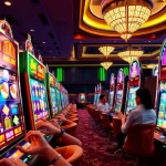 Exciting slot gacor hari ini scene with vibrant slot machines and eager players in a luxurious casino setting.