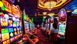 Exciting slot gacor hari ini scene with vibrant slot machines and eager players in a luxurious casino setting.