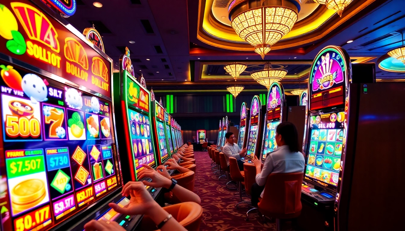 Exciting slot gacor hari ini scene with vibrant slot machines and eager players in a luxurious casino setting.