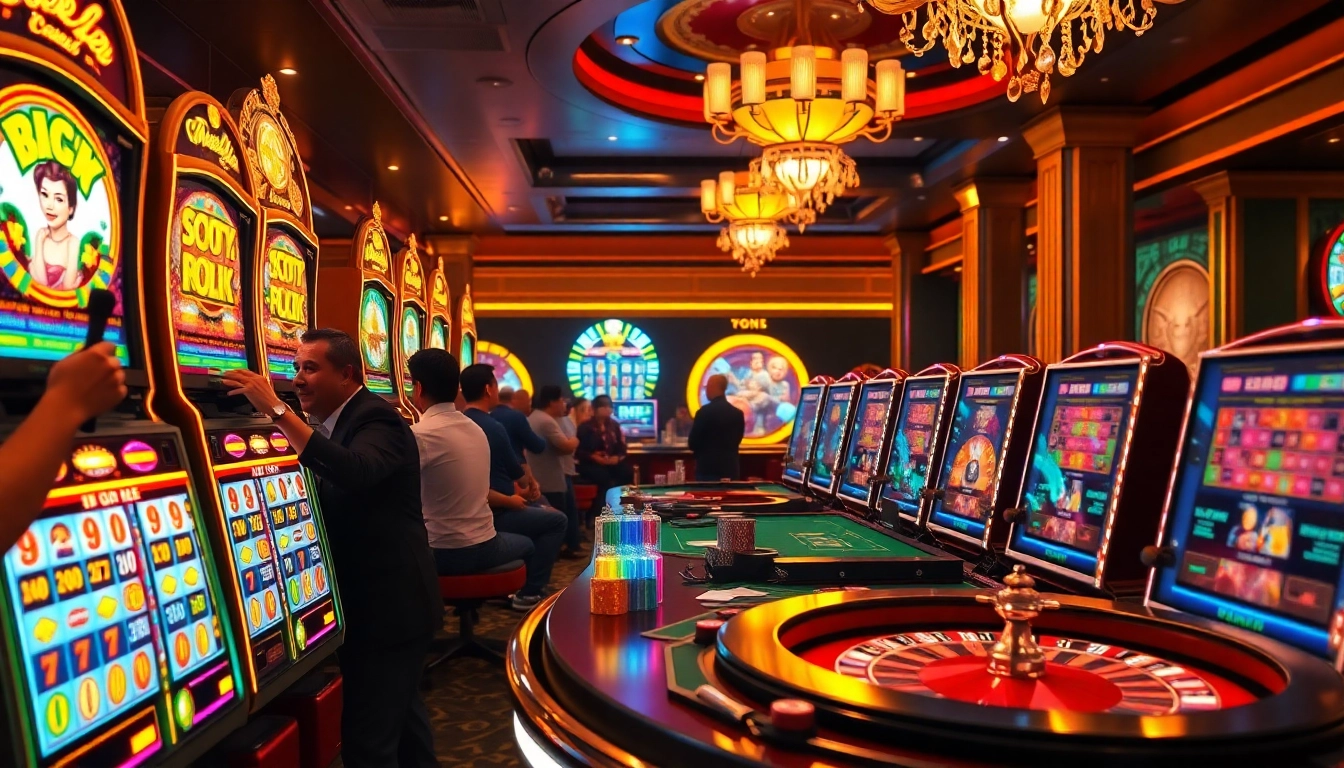 Experience the thrill of slot gacor hari ini at an upscale casino with vibrant slot machines and excited players.