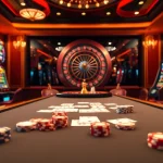 Experience the thrill of gaming at QQMACAN's premier casino scene filled with slot machines and poker actions.