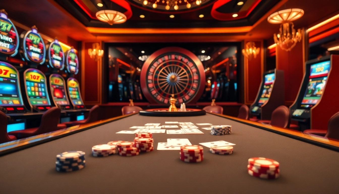 Experience the thrill of gaming at QQMACAN's premier casino scene filled with slot machines and poker actions.