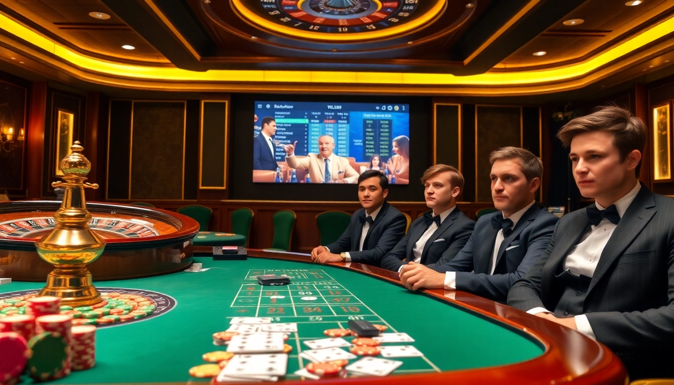 Action-packed casino scene highlighting tỷ lệ kèo nhà cái on a digital screen with excited players.