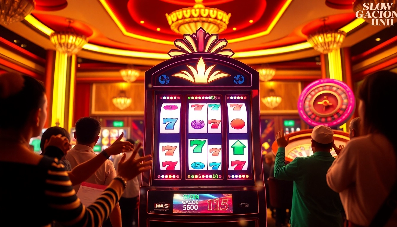 Engaging players at a vibrant casino showcasing the excitement of slot gacor hari ini with dynamic slot machines and rich decor.