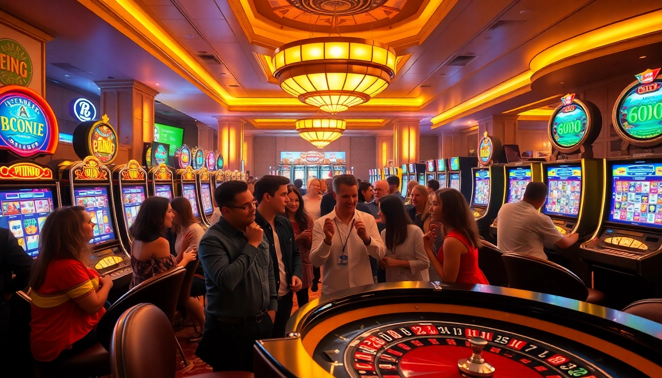Gamblers enjoying the excitement of winning at batman138 slot machines in a luxurious casino environment.