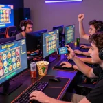 Friends enjoying a gaming night with exciting link gacor slot games on their screens.